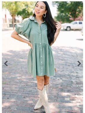 Olive Green Button-Front Puff-Sleeve Mini Dress - Women